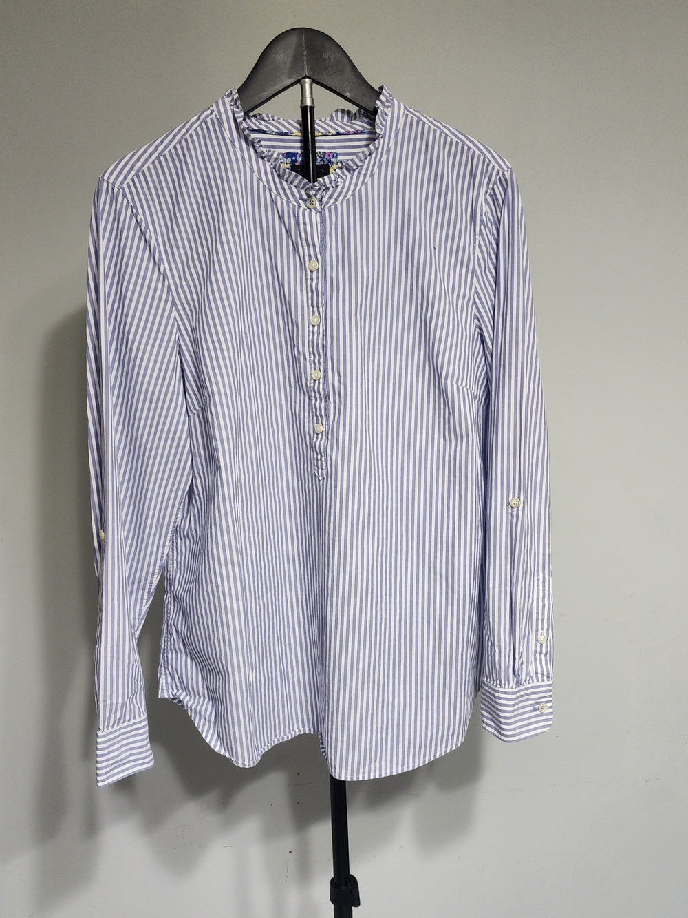 Talbots Women's Size L Blue & White Striped Ruffle Neck Pullover Blouse